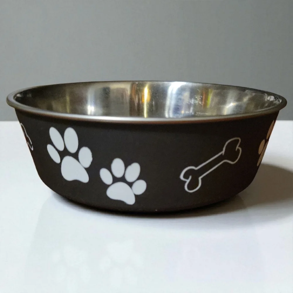 Pet Dog Cat Anti Skid STAINLESS STEEL Paw Prints Bones M 27 Oz Bella Bowl Rubber